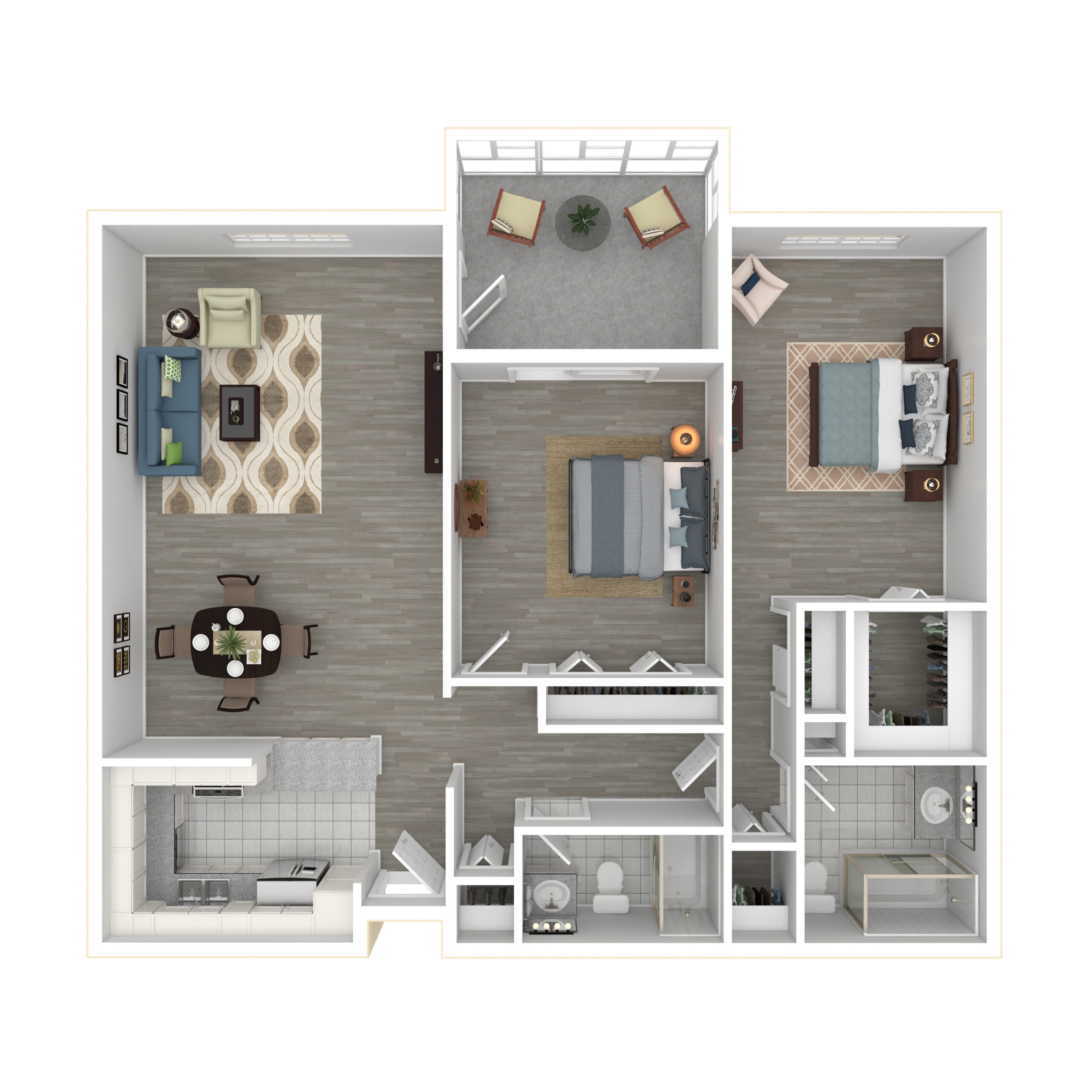 Top-down view of a two-bedroom apartment layout