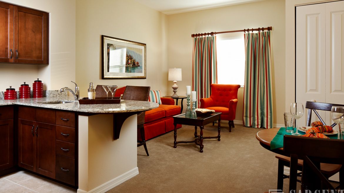 Cozy living room setup in a senior living facility apartment