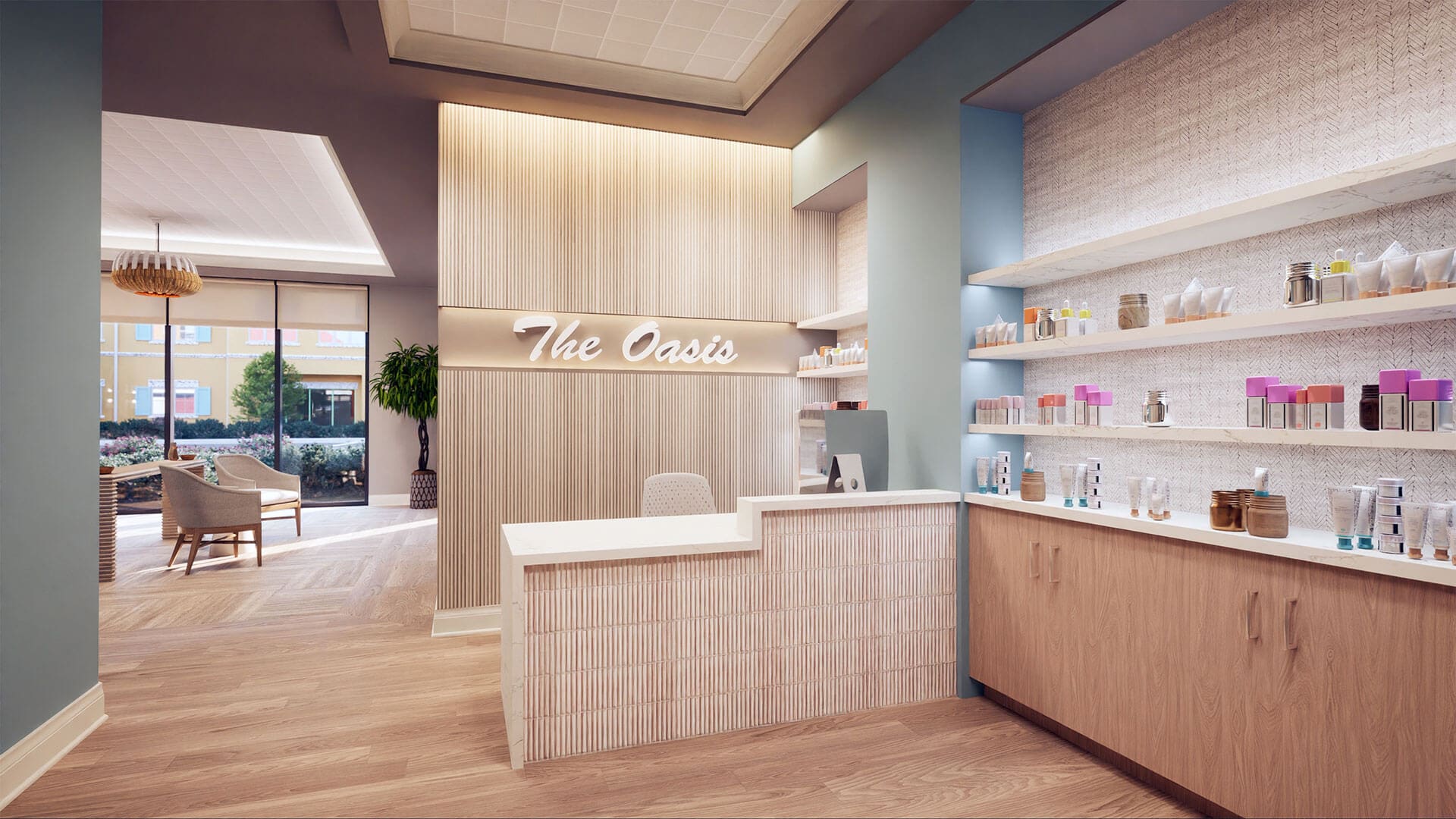 Interior view of a spa area with products on display