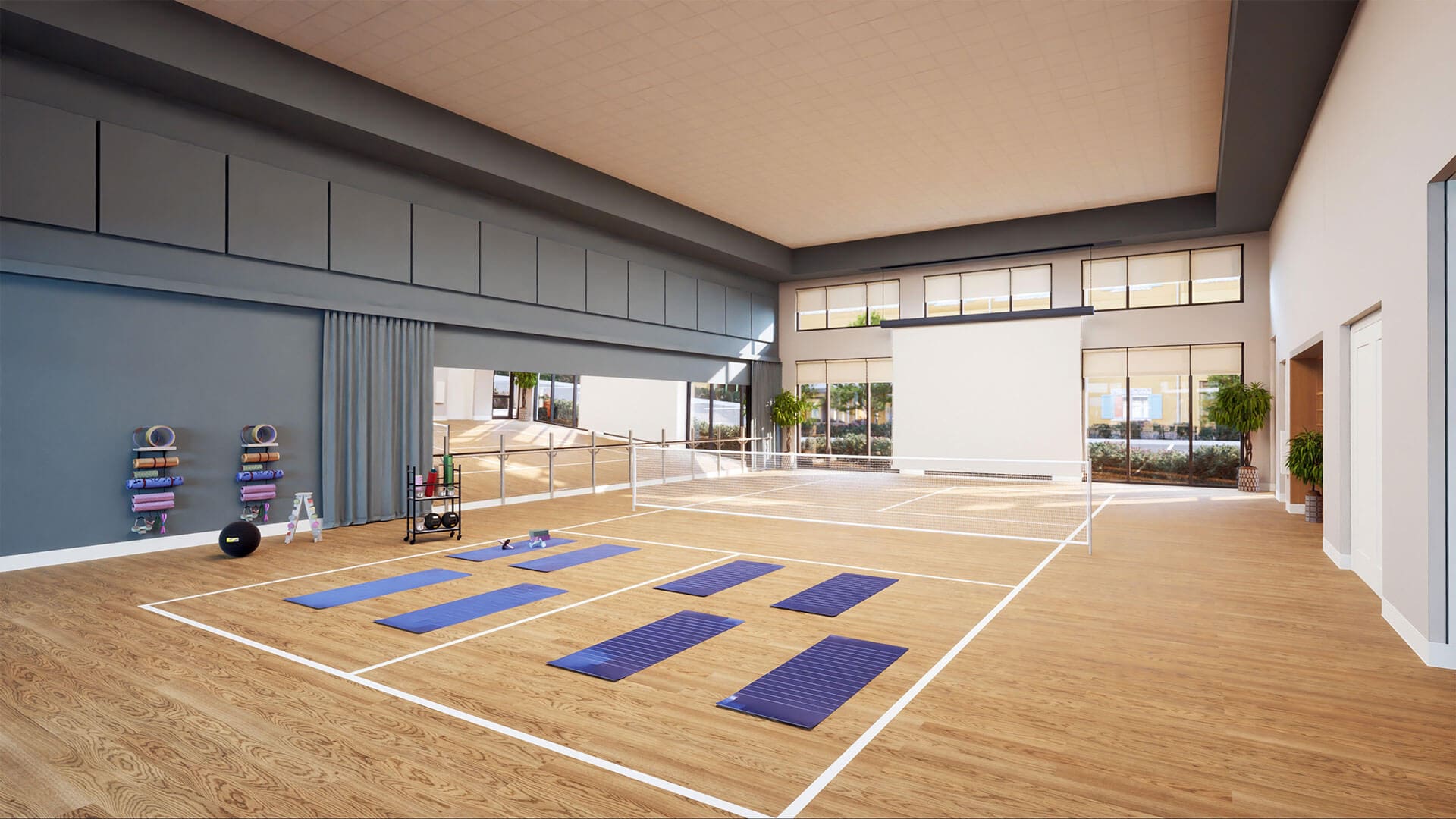 Indoor activity space with exercise mats and equipment