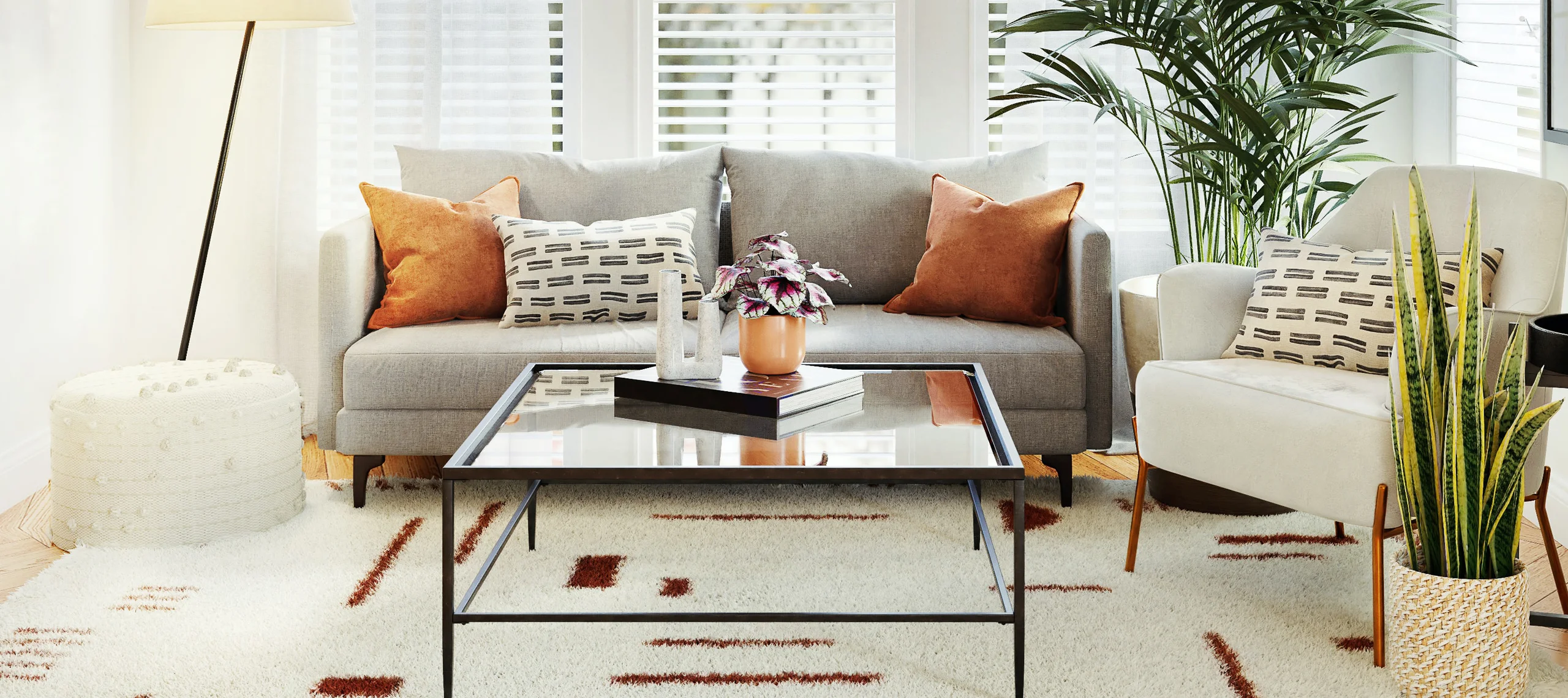 Bright common area with cozy seating and decor