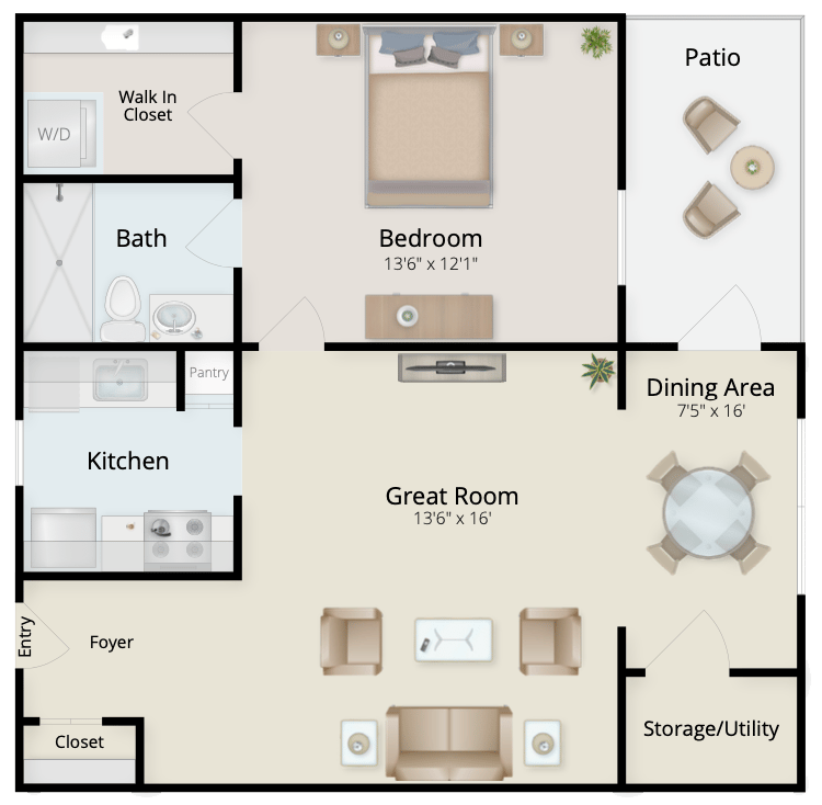 Architectural floor plan of a one-bedroom unit