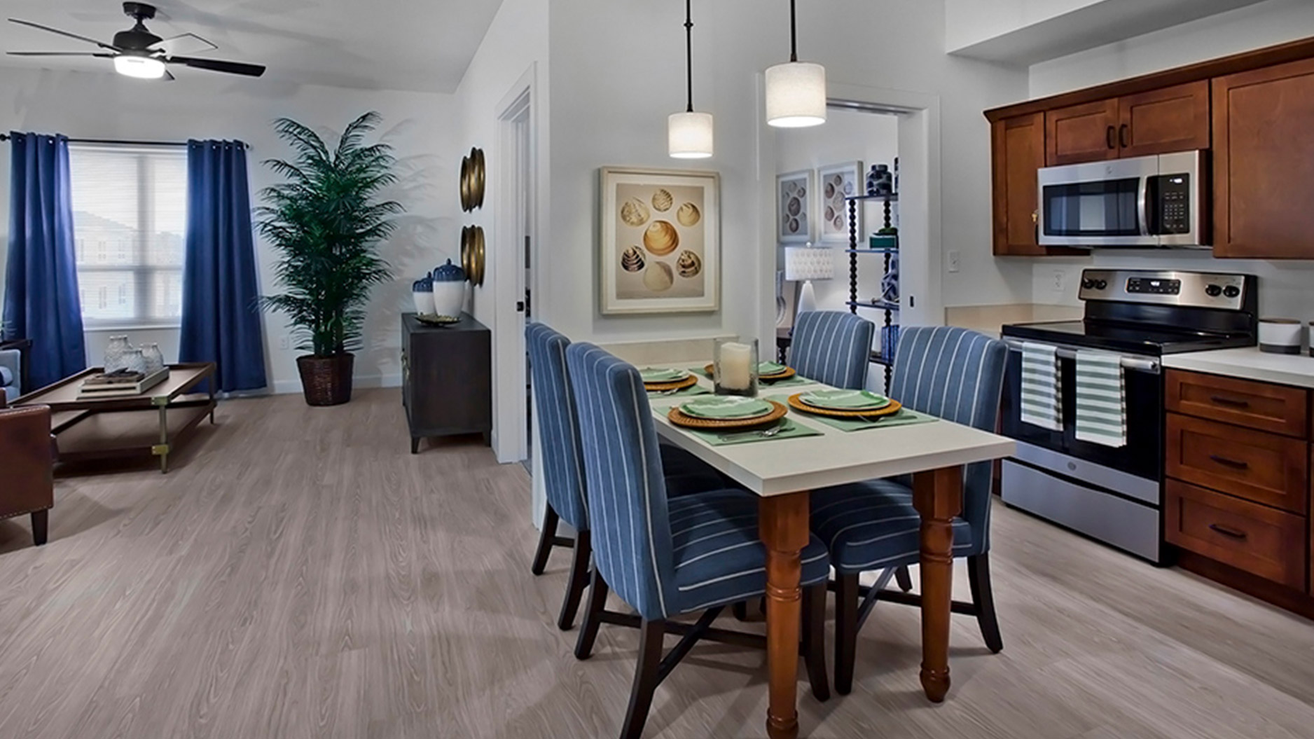 Modern kitchen and living area in a senior facility