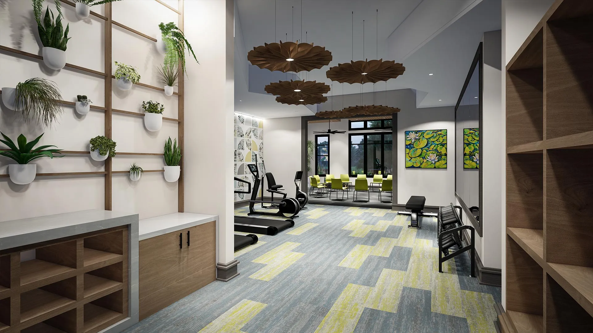 Interior view of a modern fitness area with equipment