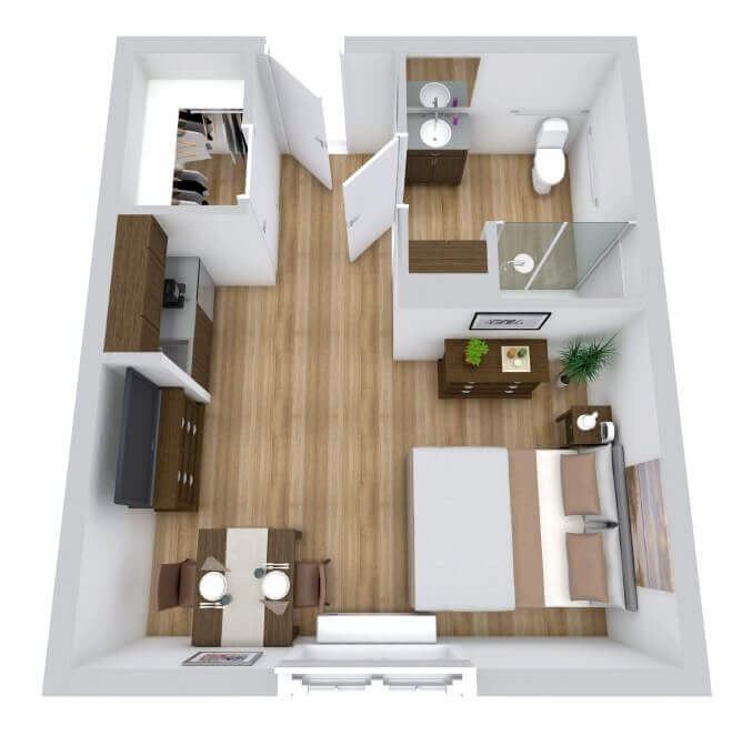 A layout of a senior living unit with furniture