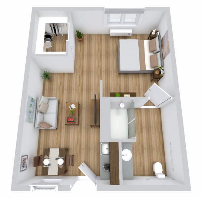 Aerial view of a small resident room layout