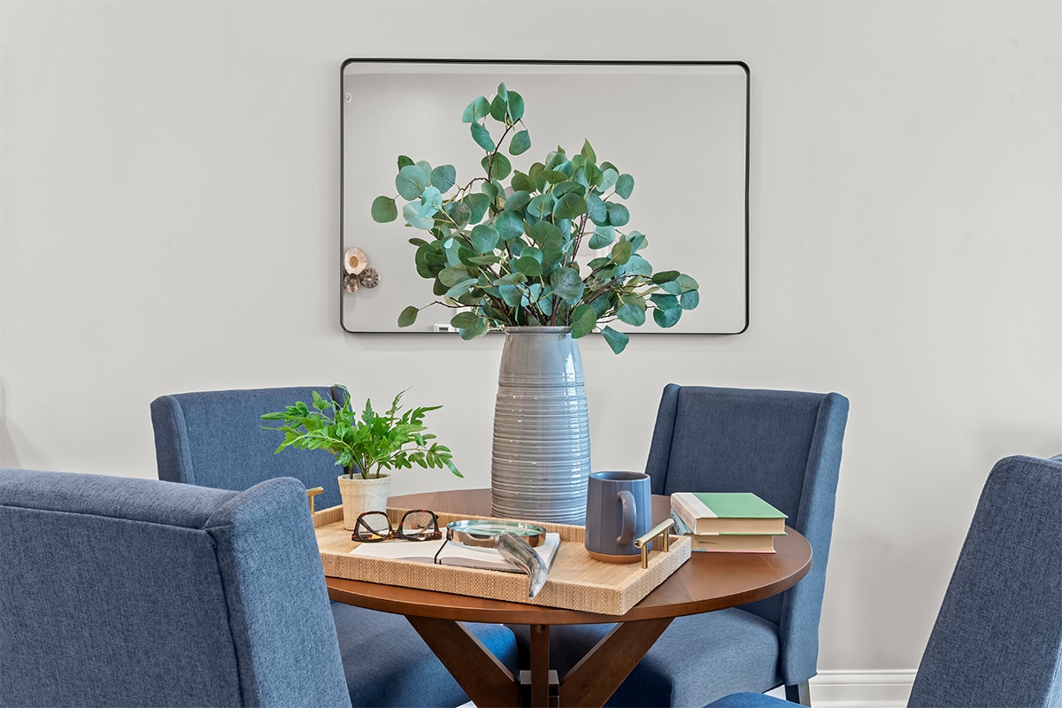 Brightly decorated dining area with plants