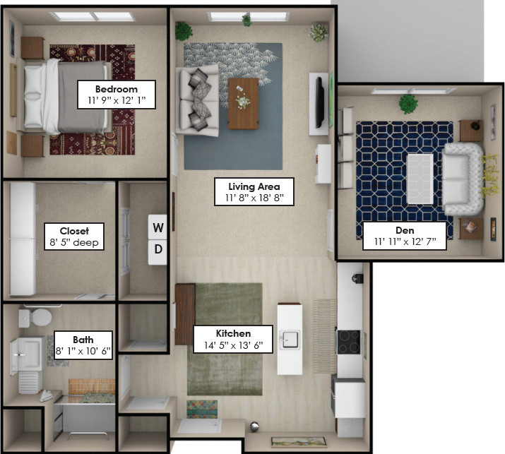 Architectural floor plan of a senior living unit