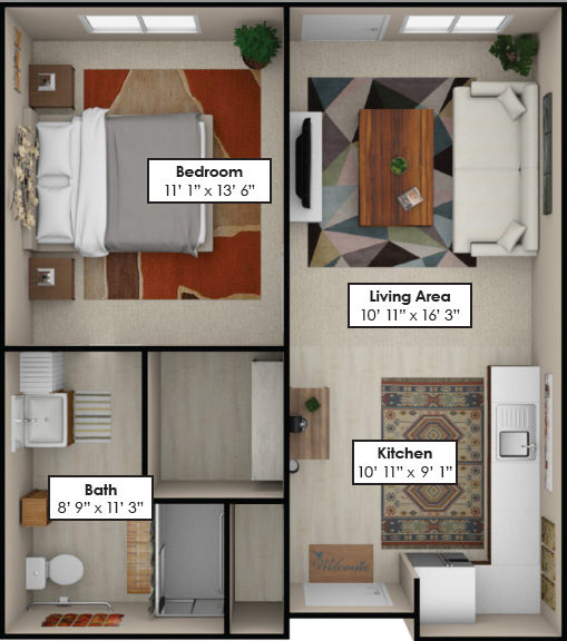 Architectural floor plan of a one-bedroom unit