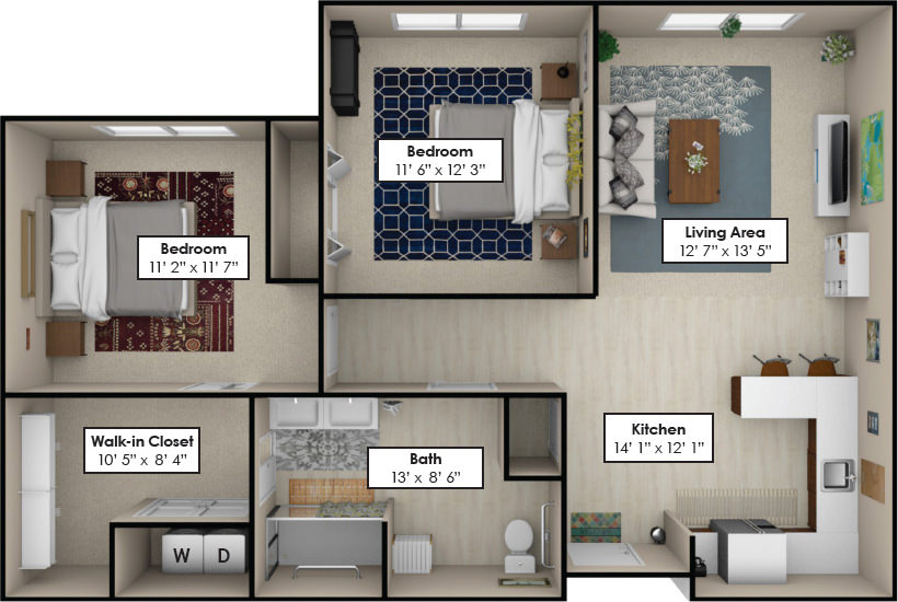 Architectural floor plan of a one-bedroom apartment