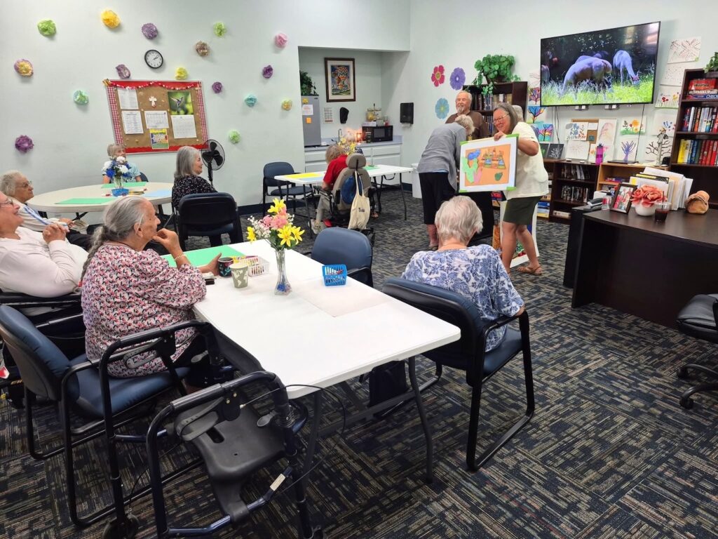 Residents engaged in activities in a common area.