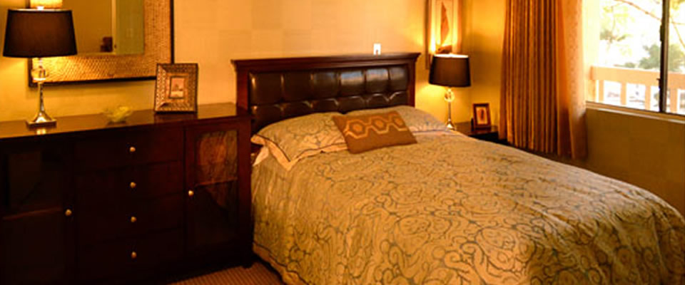 Cozy bedroom with patterned bedding and lamps.
