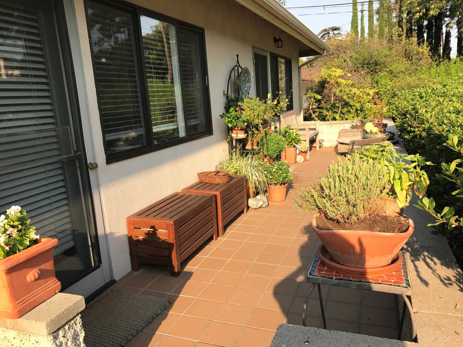 Outdoor patio with plants and seating area.