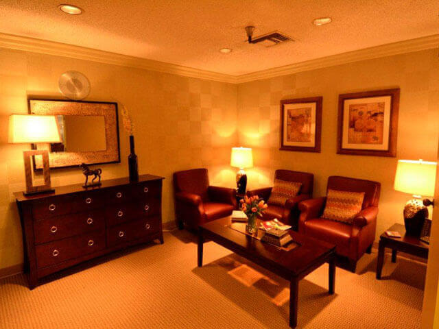 Cozy lounge area with seating and decor