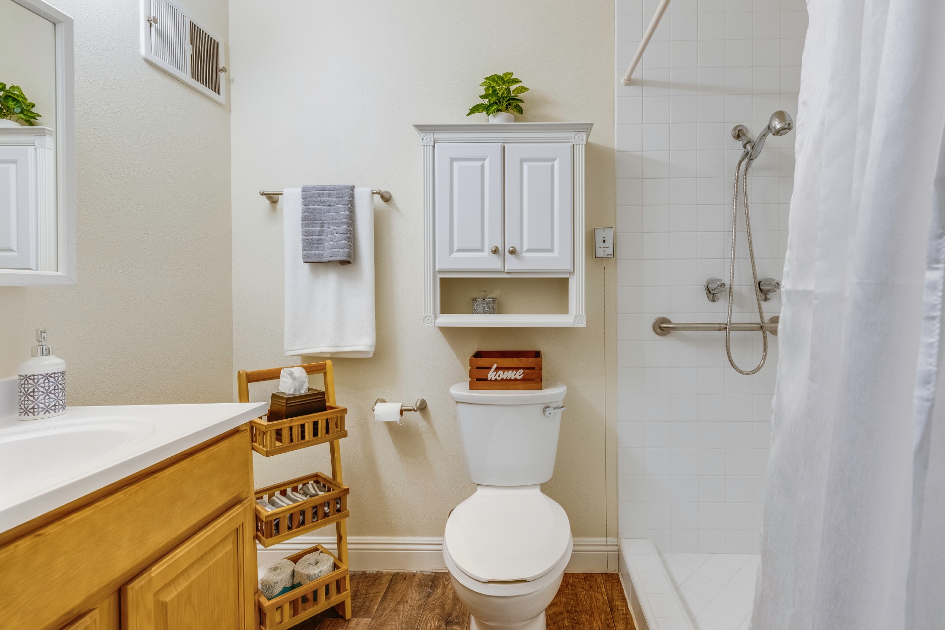 Well-lit and neatly arranged bathroom