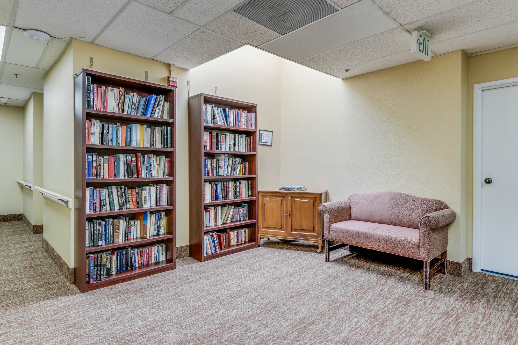 Cozy reading nook with bookshelves and a sofa.