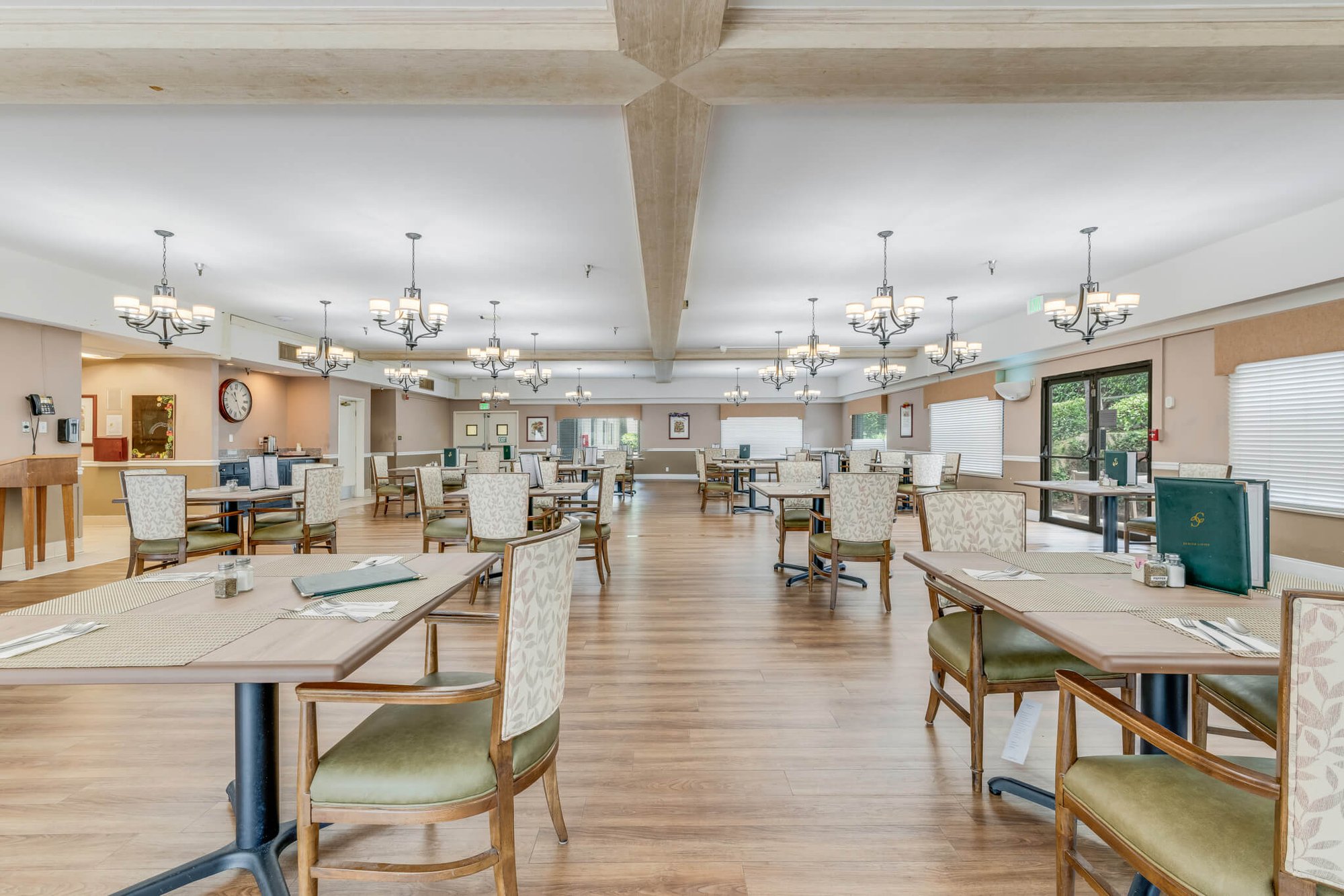 Dining area with tables and chairs set up