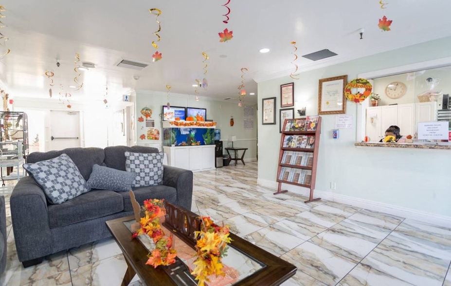 Lobby area decorated for a celebration with residents