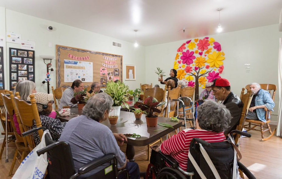 Residents engaging in a group setting with plants.