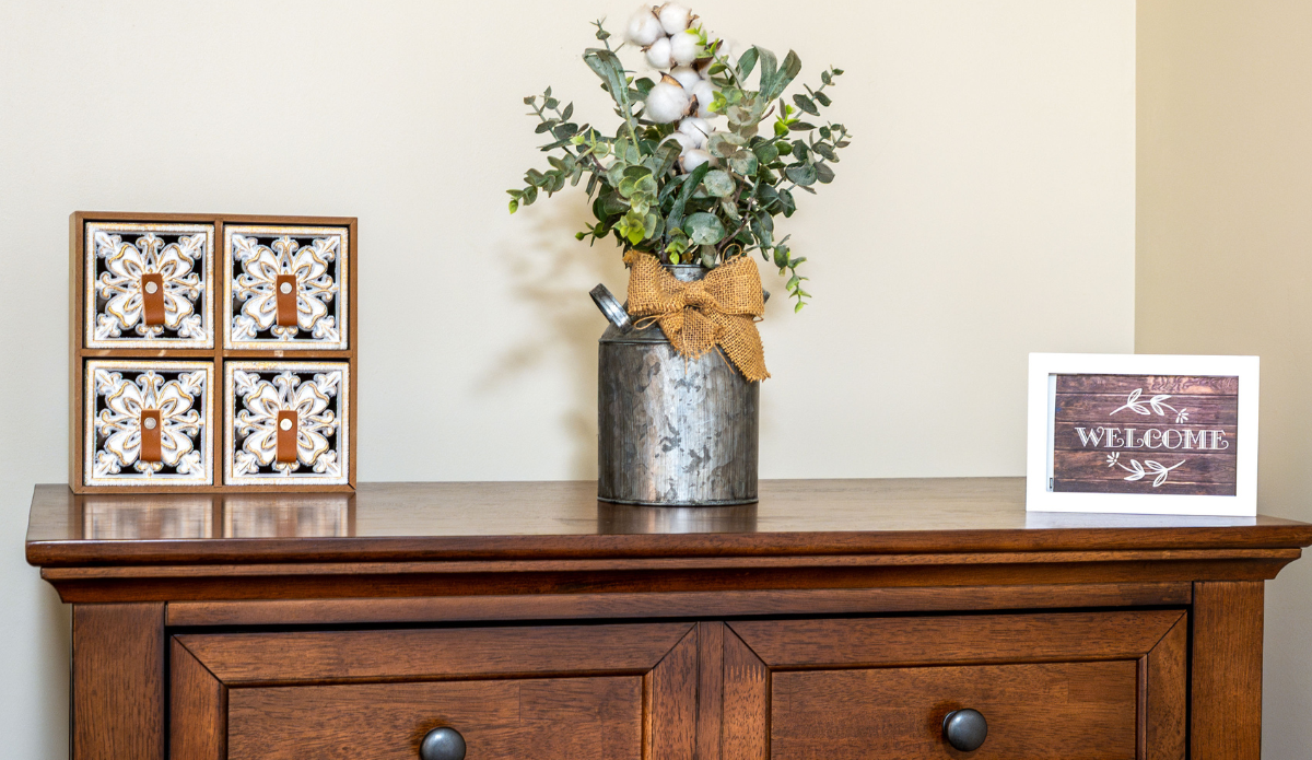 Decorative interior setup with a welcome sign