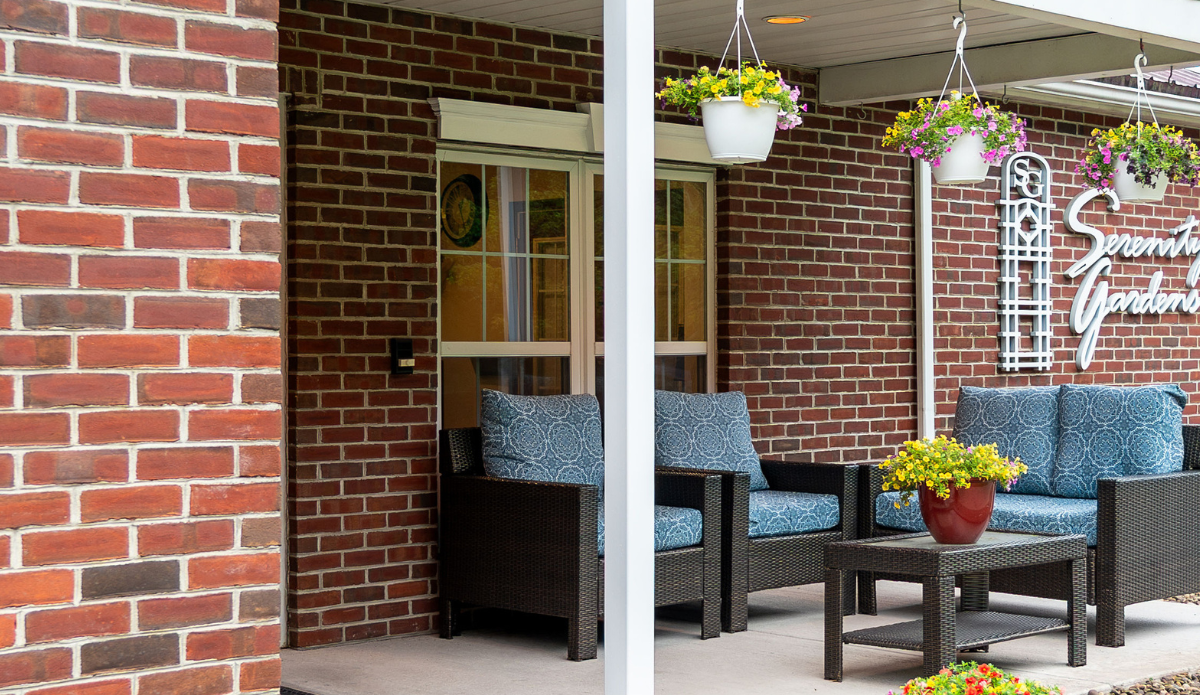 Outdoor seating area at Serenity Gardens