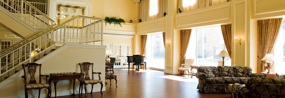 Bright interior common area with seating