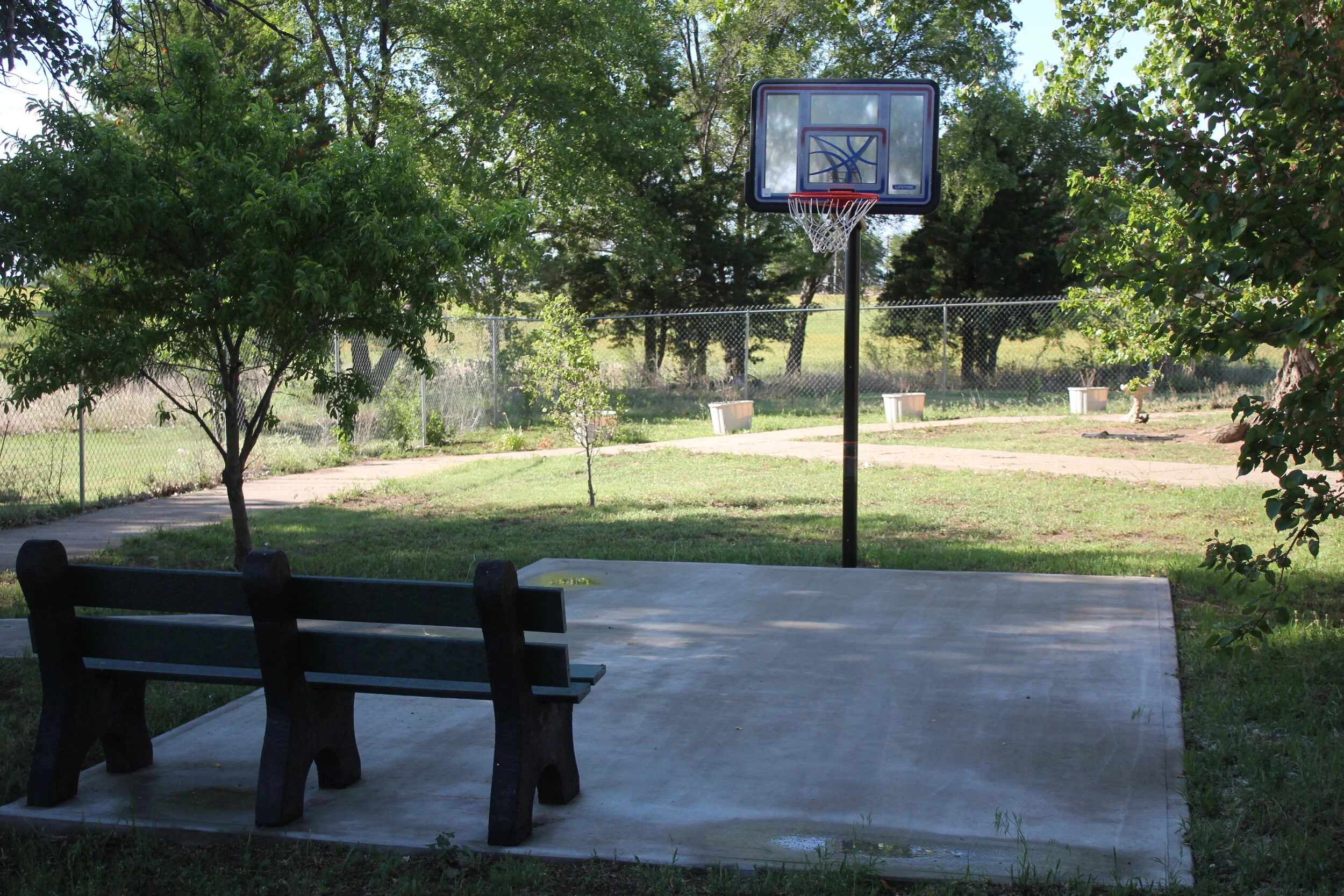Basketball hoop and bench in a green outdoor space.