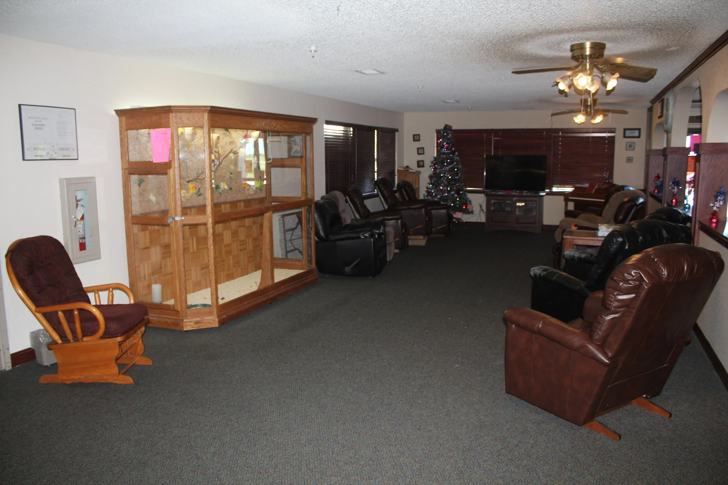 Common area with seating and holiday decorations.