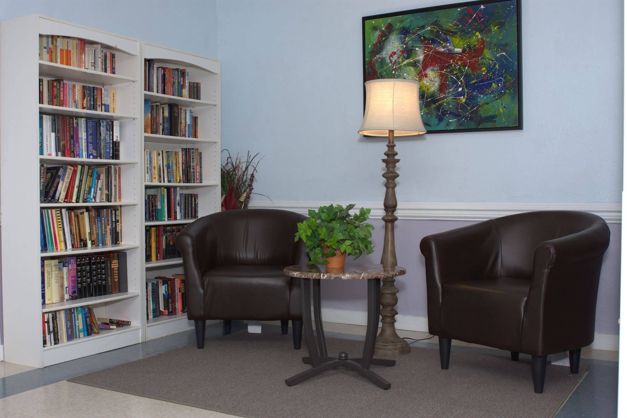 Cozy seating area with bookshelves and artwork.