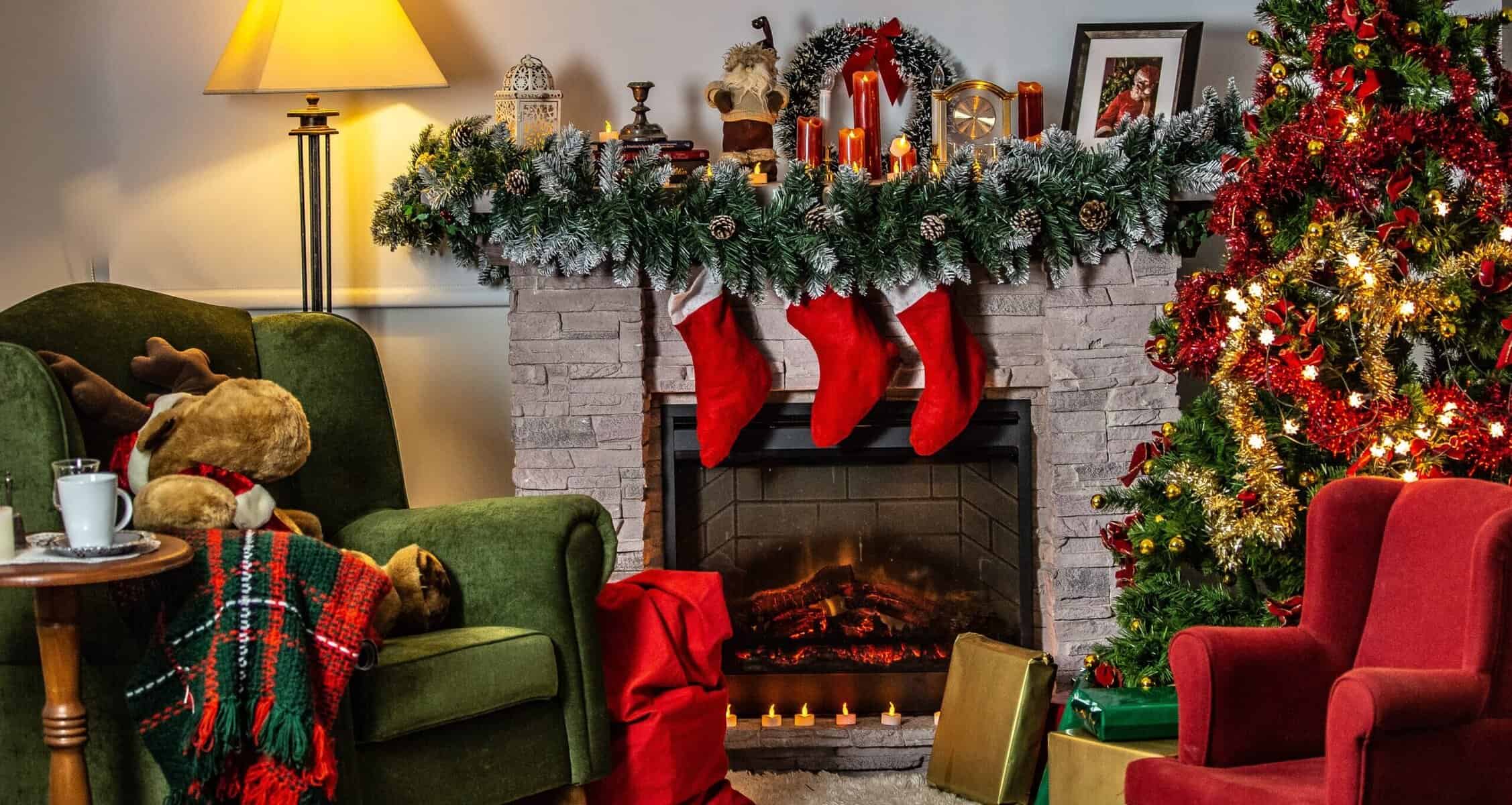 Cozy holiday interior with stockings and decorations