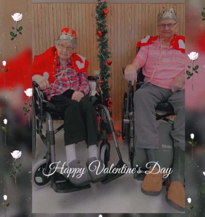Residents celebrating Valentine's Day with decorations