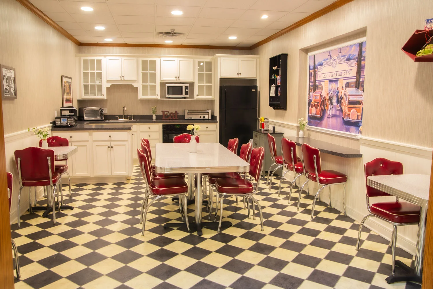 Interior dining area with retro decor and seating