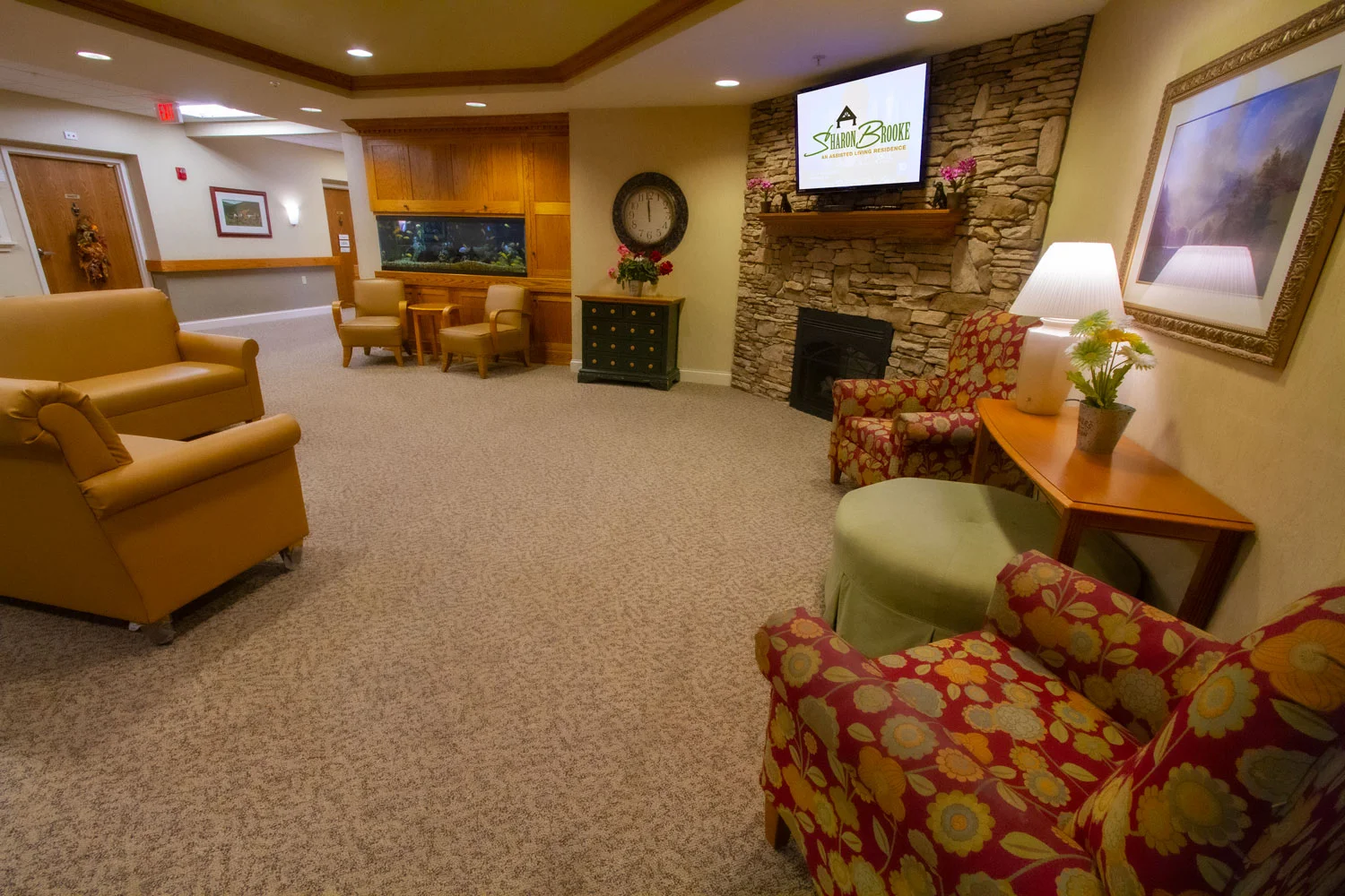 Common area with seating and decor.