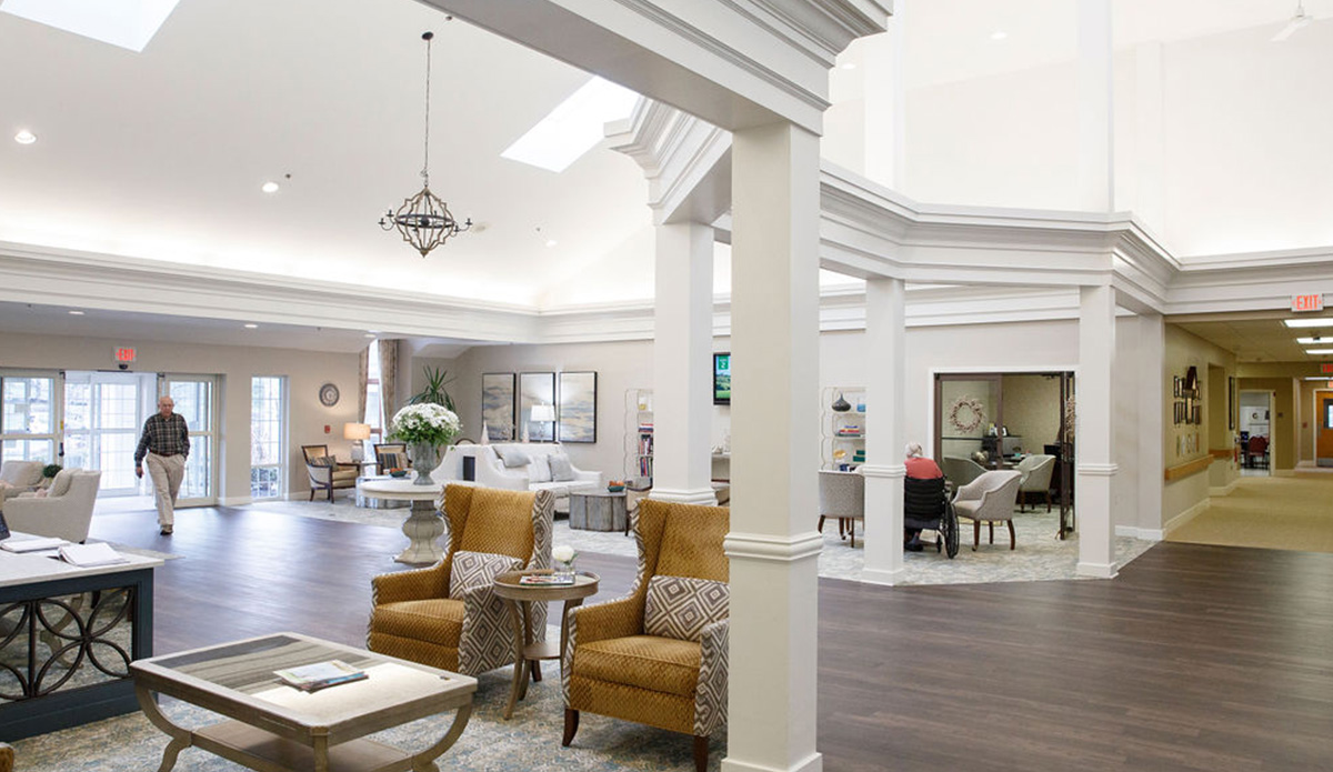Bright interior common area with seating