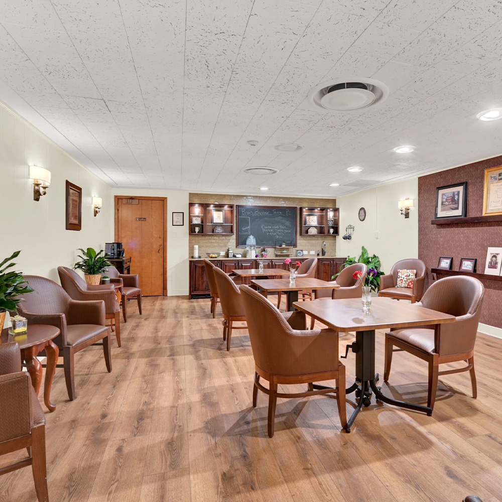 Common area with seating and beverage station