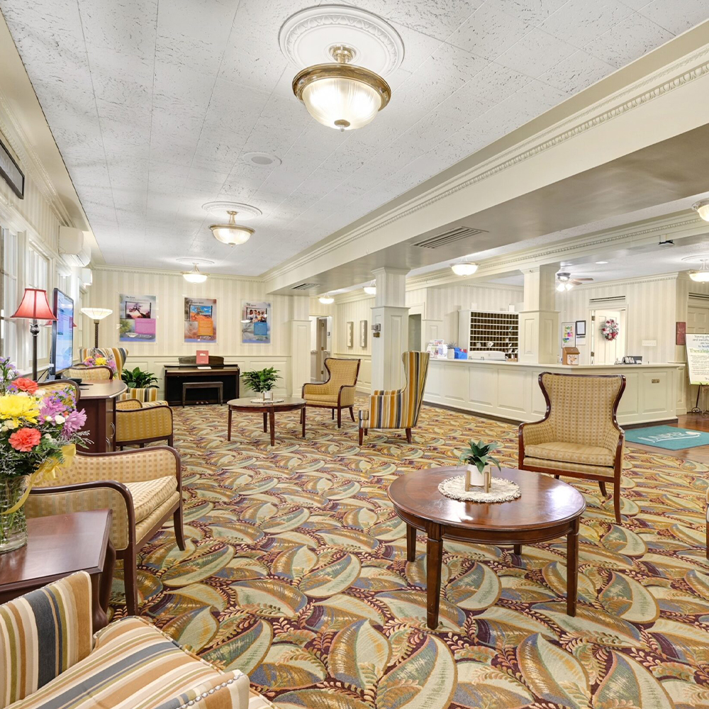 Common area with seating and reception desk.
