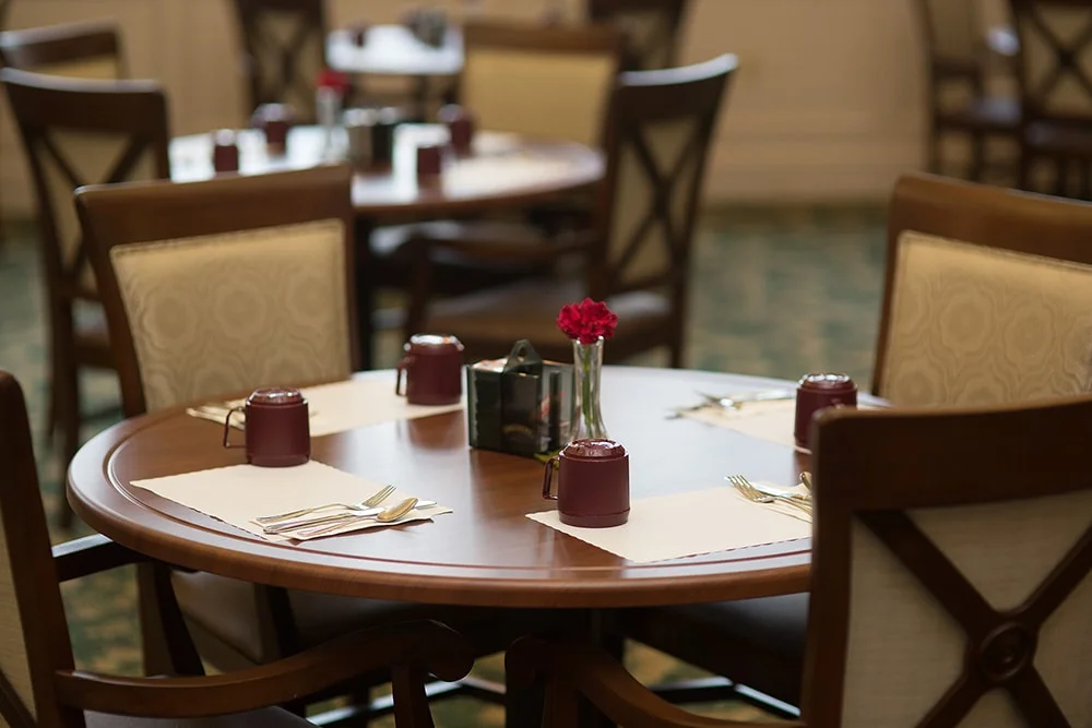 Dining room table set for a meal