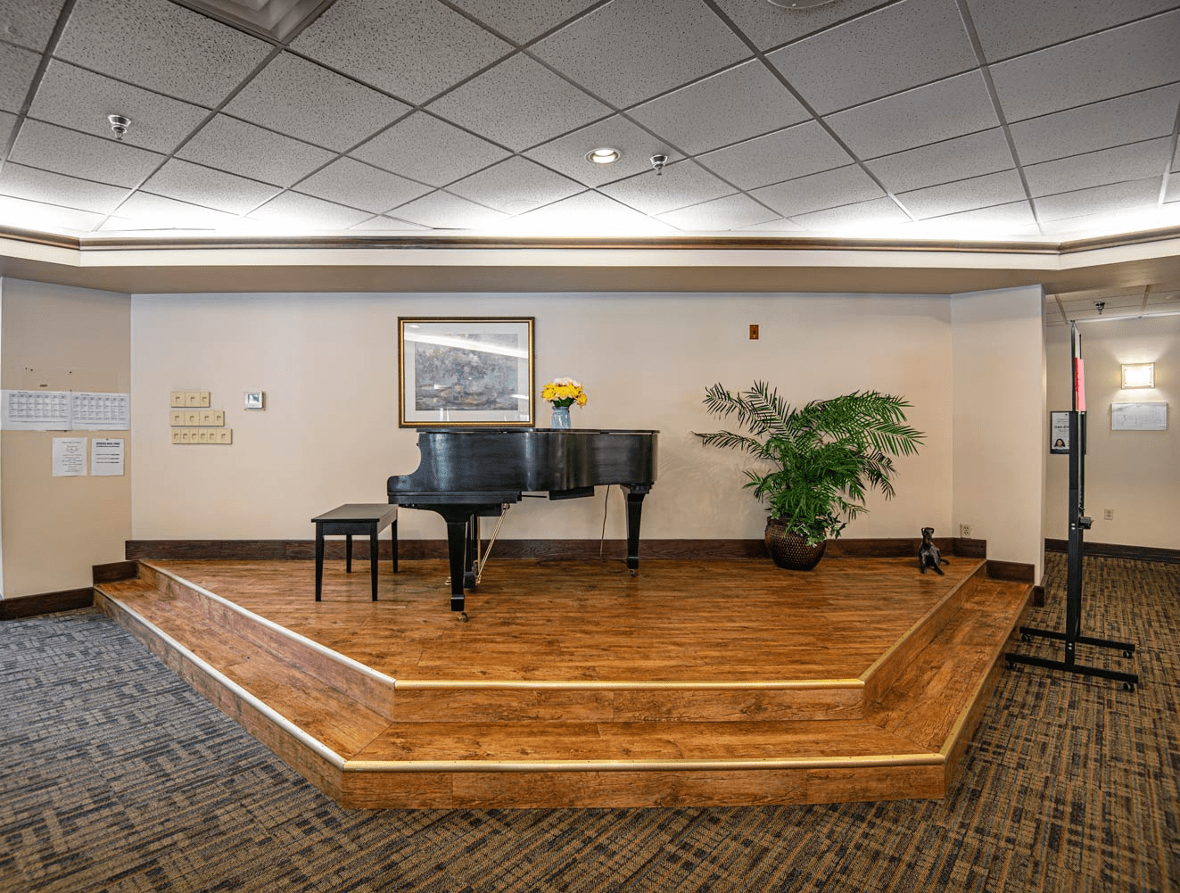 Common area stage with a piano and plant.
