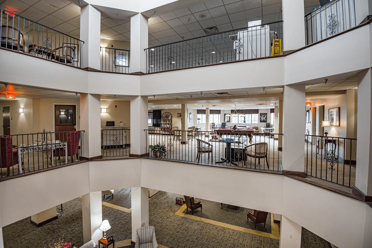 Bright common area in a nursing home facility.
