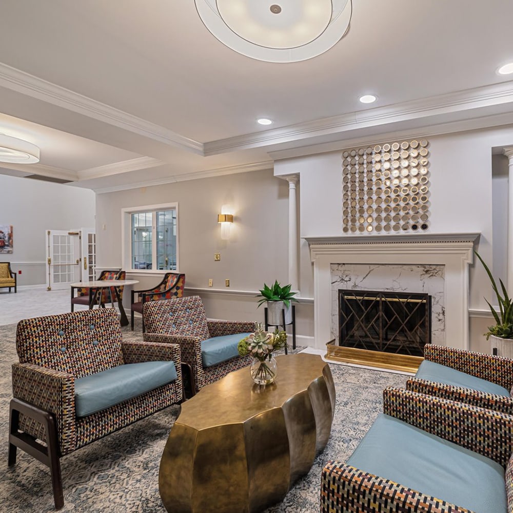 Cozy common area with seating and fireplace