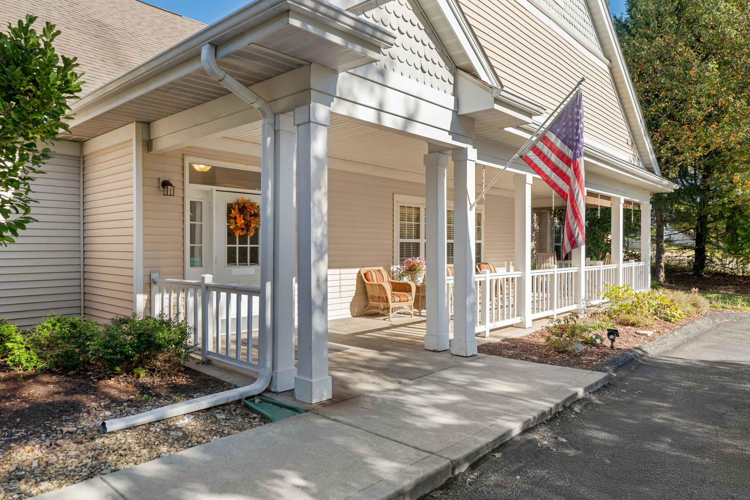 Front porch of the facility with American flag