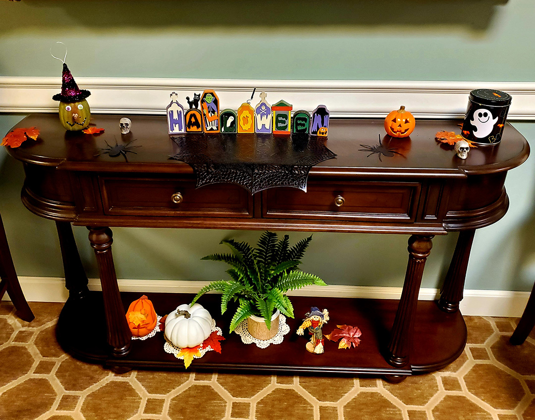 Decorative fall-themed display on a table.