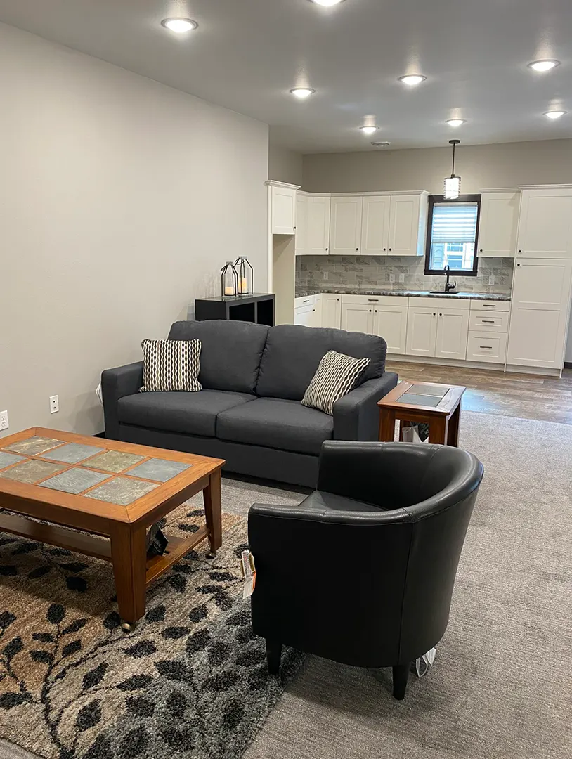 Cozy common area with seating and kitchen