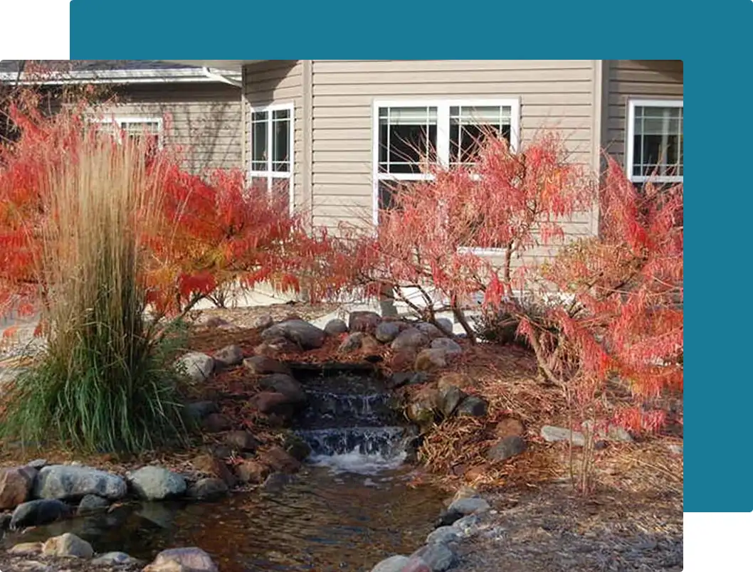 Beautiful outdoor garden with a small waterfall