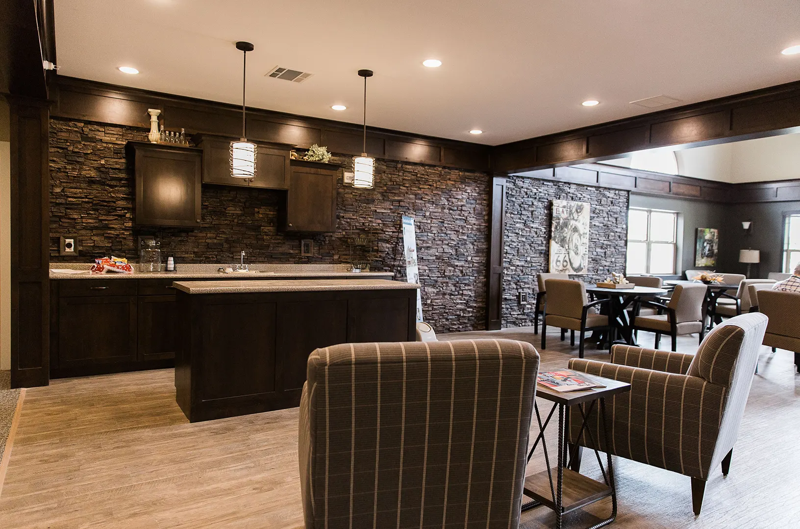 Inviting common area with seating and kitchen.