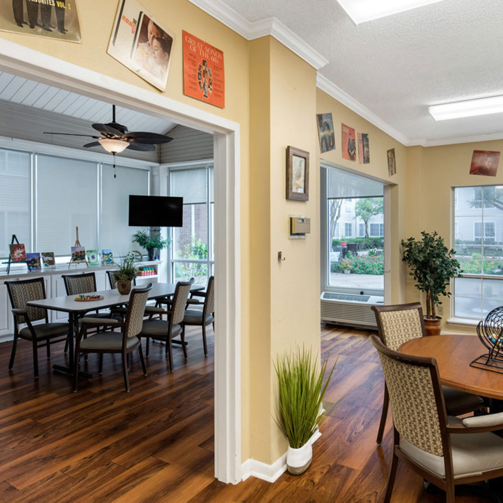 Bright common area with seating and decor