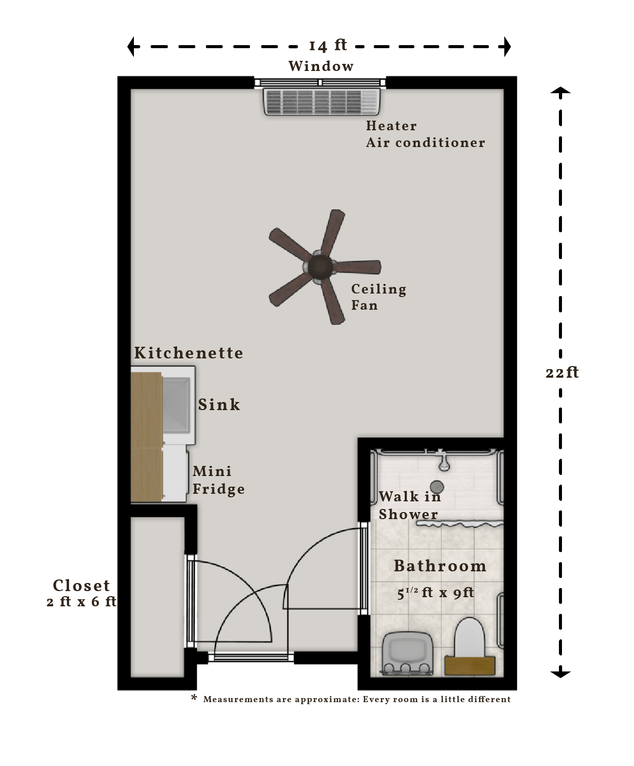 Architectural floor plan of a resident room