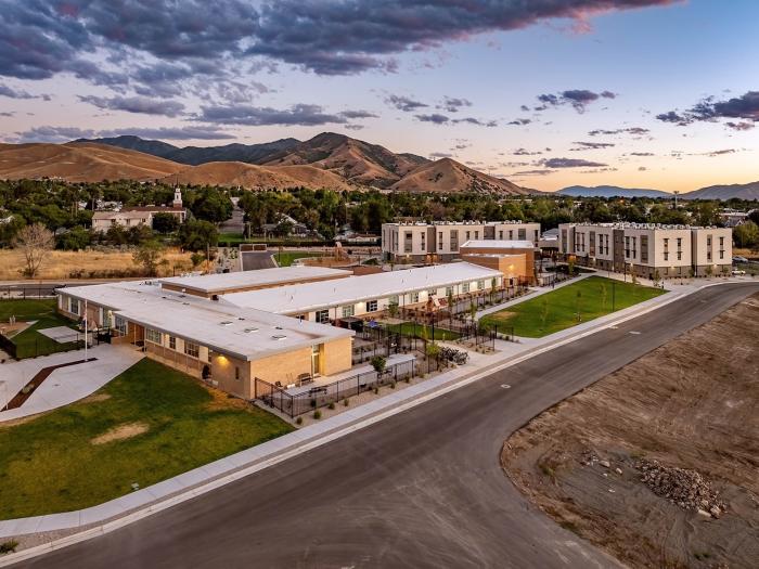 Aerial view of the assisted living facility and surroundings.