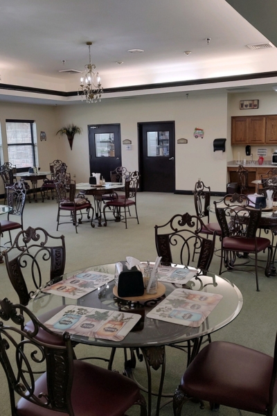 Dining area with tables and chairs set up