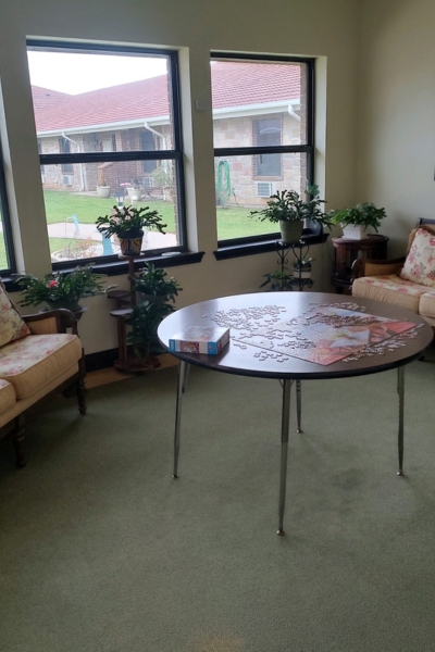 Cozy lounge area with a puzzle table